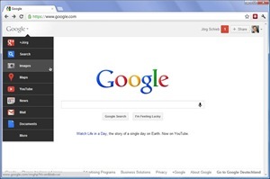 Google-Startseite, Mauszeiger steht auf Google-Logo oben links, Aufklappmenü wird sichtbar