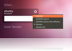 Ubuntu-Anmeldebildschirm, Zahnrad-Menü, GNOME