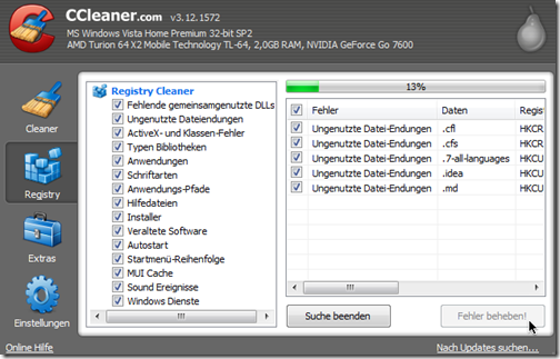 CCleaner: Bereich Registry
