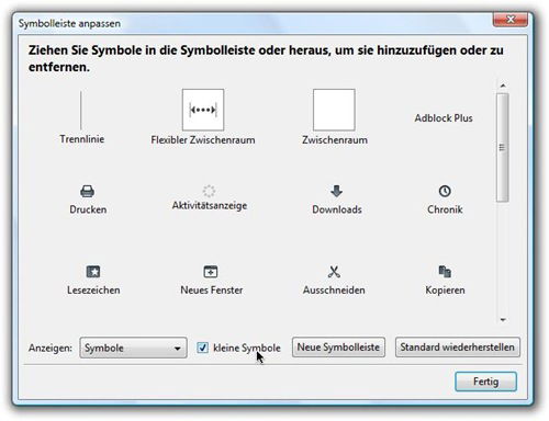 Die Einstellung für kleine Symbole in den Firefox-Optionen Firefox: Dialogfeld Symbolleiste anpassen, Kontrollkästchen Kleine Symbole