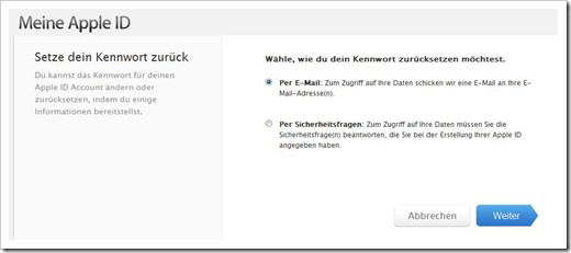 Meine Apple ID: Wähle, wie du dein Kennwort zurücksetzen möchtest