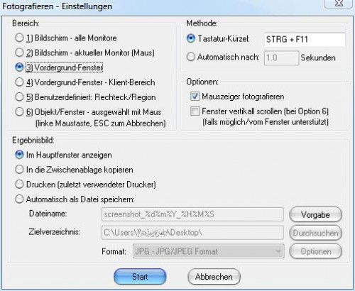 IrfanView: Fotografieren-Einstellungen