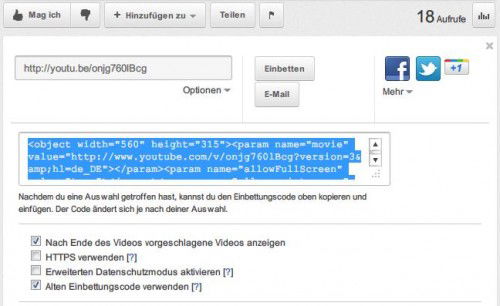 YouTube: (Alten) Einbettecode kopieren