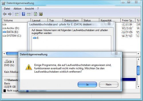 Datenträgerverwaltung: Laufwerkbuchstaben entfernen
