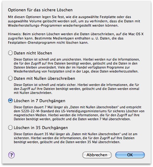 Mac OS X: Festplatten-Dienstprogramm, Sicherheitsoptionen
