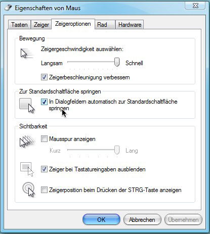 Windows: Mauszeiger auf Standard-Schaltfläche setzen