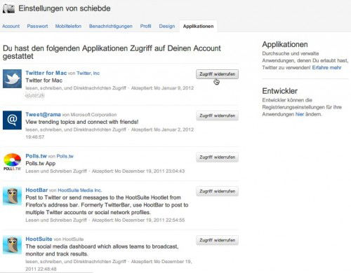 Twitter-Apps: Zugriff widerrufen