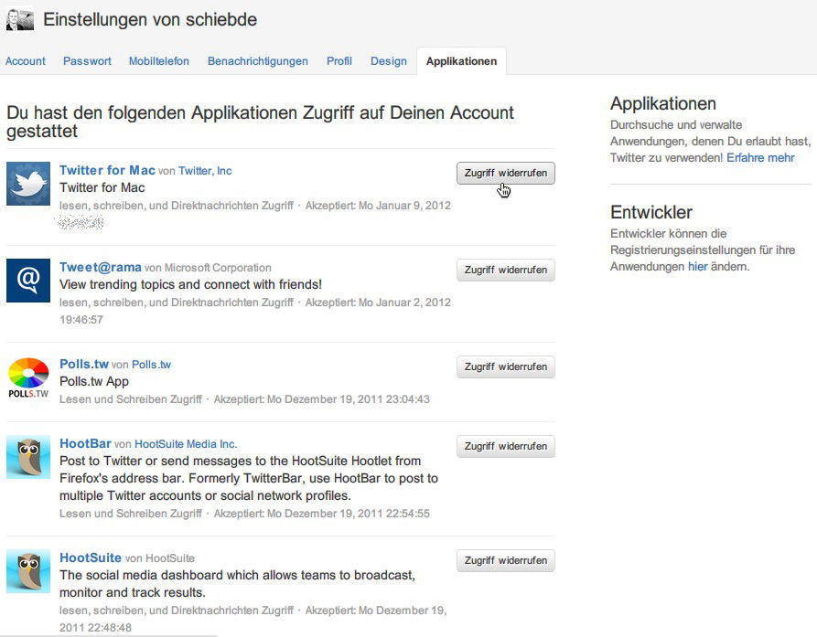 Twitter-Apps: Zugriff widerrufen
