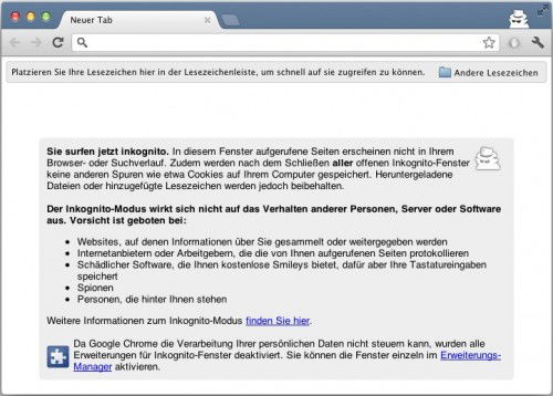Google Chrome: Inkognito-Modus