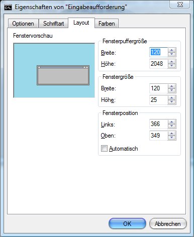 Einstellungen Fenstergröße der Eingabeaufforderung