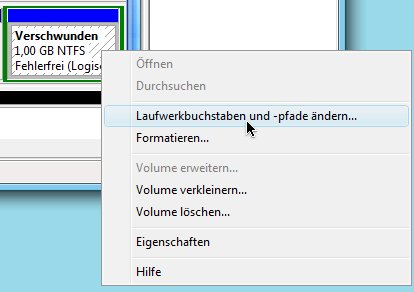 Datenträgerverwaltung: Verschwundene Partition