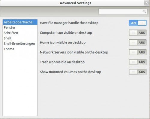 Gnome Tweak Tool: Mülleimer-Symbol