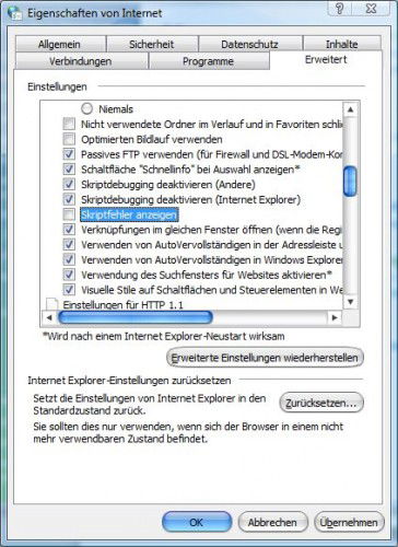 Internetoptionen: Skriptfehler nicht anzeigen