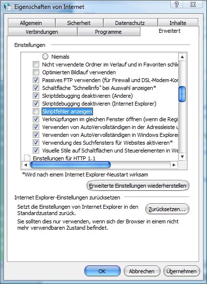 Internetoptionen: Skriptfehler nicht anzeigen