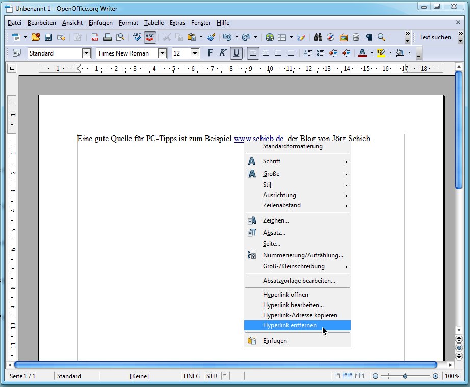 Openoffice Writer: Hyperlink entfernen