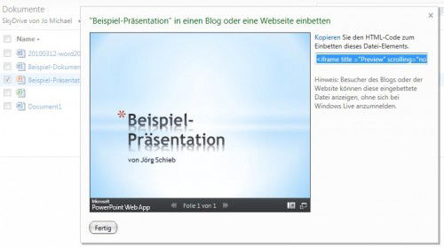 SkyDrive: Office-Dokument in Website einbinden