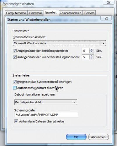 Automatischen Neustart bei System-Absturz verhindern