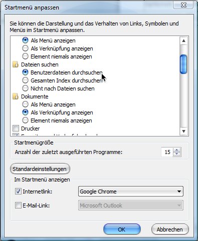Windows: Startmenü-Einstellungen, Dateien suchen