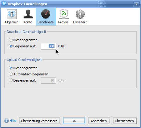 Dropbox: Bandbreite beschränken
