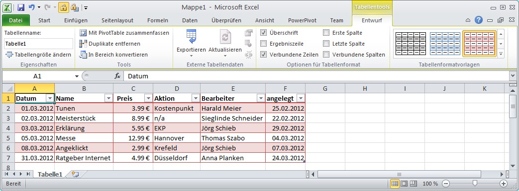 Excel: Zeilen abwechselnd einfärben