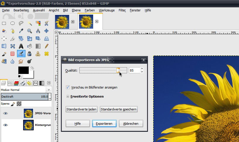 GIMP: JPG-Qualität beim Exportieren