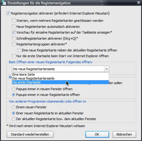 Internetoptionen: Startseite bei neuem Tab anzeigen