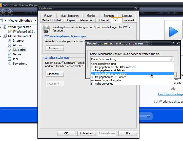 Windows Media Player: Jugendschutz-Einstellungen für DVDs