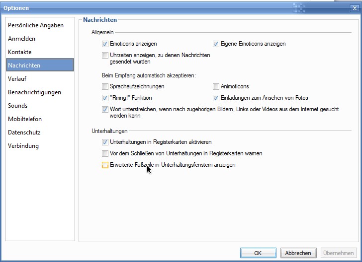 Windows Live Messenger 2011: Erweiterte Fußzeile in den Optionen abschalten