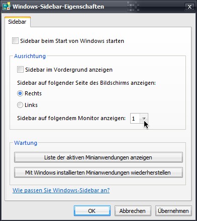 Vista-Sidebar: Monitor auswählen