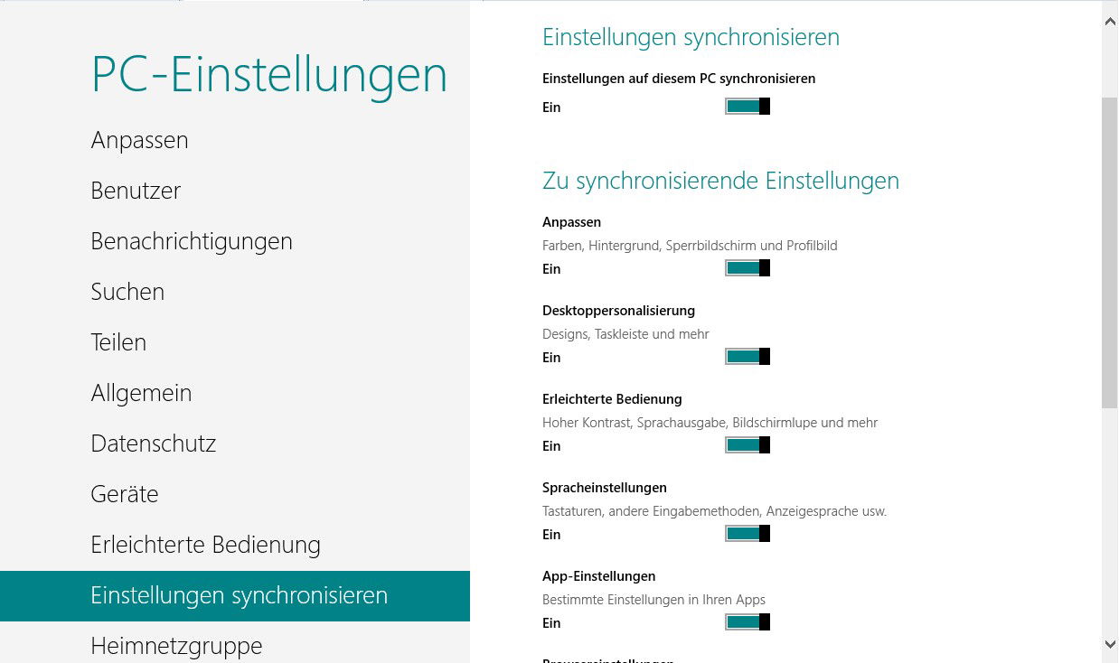 Windows 8: Einstellungen synchronisieren