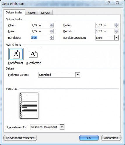 Word: Bundsteg einrichten