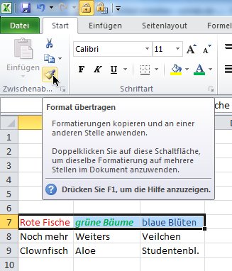 Schriftart, Farbe usw. für mehrere Excel-Zellen auf einmal kopieren