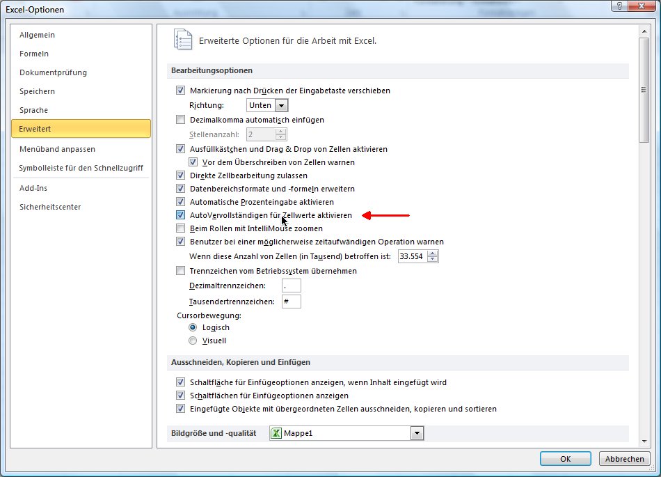 Beim Ausfüllen von Excel-Tabellen keine Vorschläge für Inhalte machen