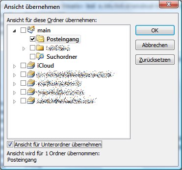 Outlook: Nachrichten-Ansicht für andere eMail-Ordner übernehmen