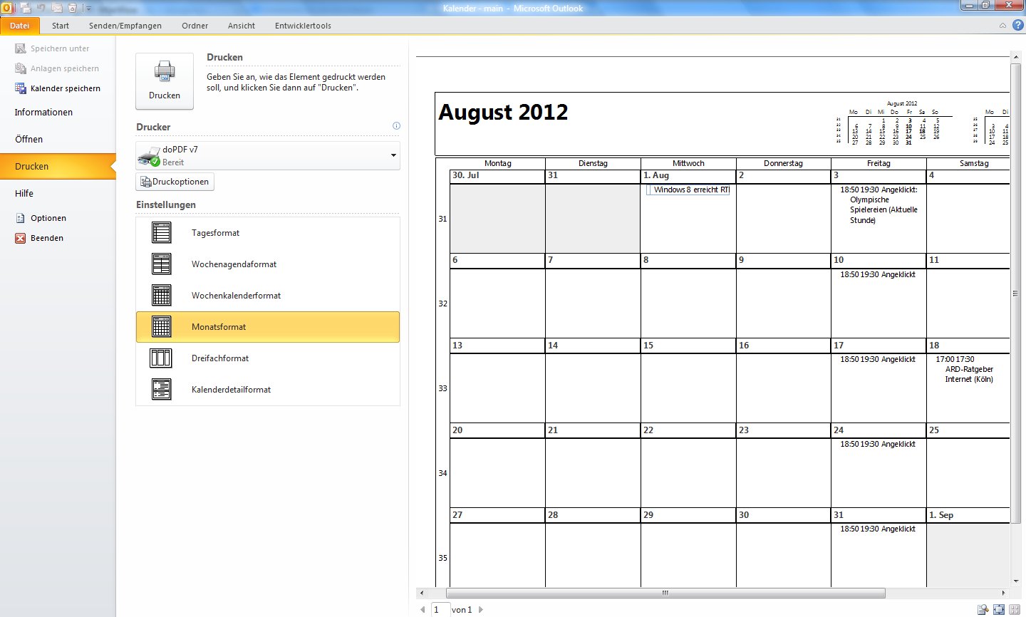 Monats-Kalender drucken mit Microsoft Outlook