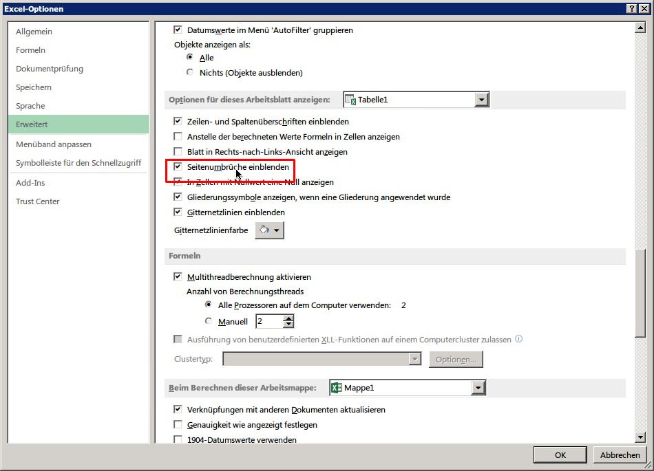 Excel-Arbeits-Mappen: Druck-Seiten-Ränder anzeigen
