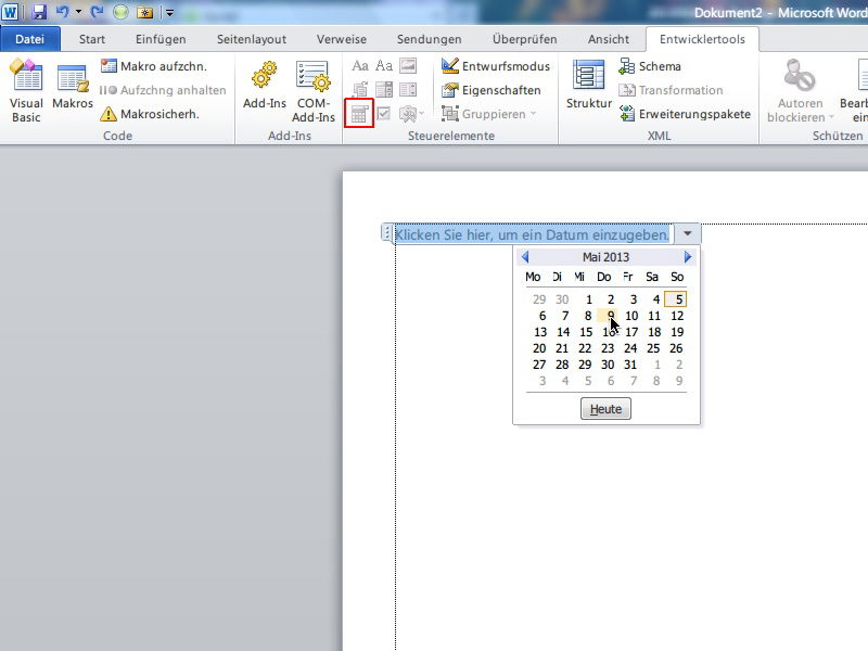 Word: Datums-Feld mit Kalender-Auswahl einfügen
