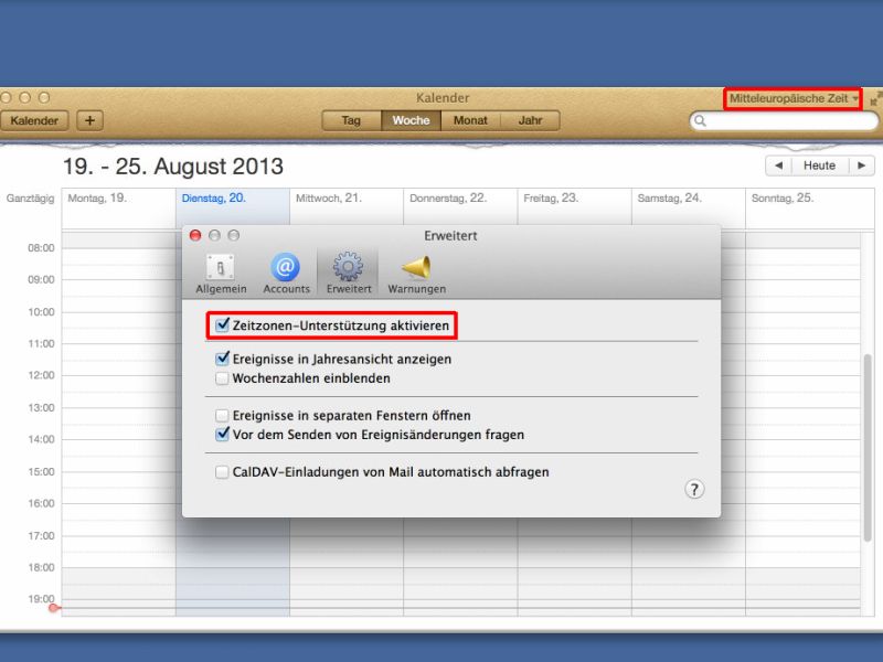 OSX-Kalender: So aktivieren Sie die Unterstützung von Zeit-Zonen