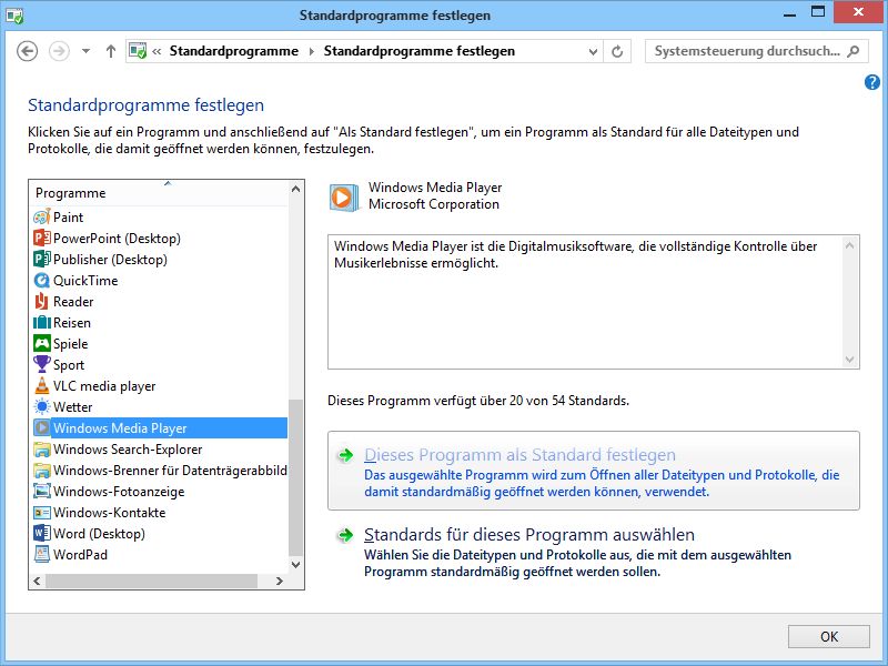 Windows 8: Windows Media Player zum Standard machen