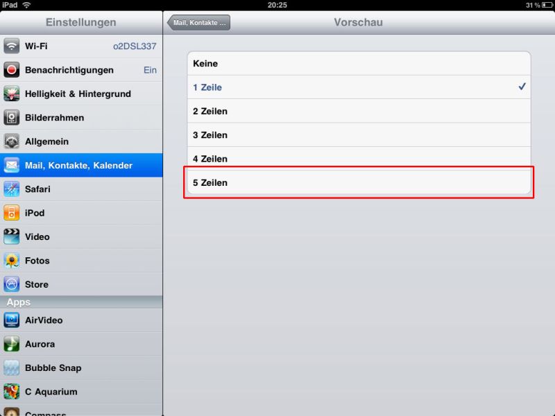 eMail-Programm beim iPad: Mehr Vorschautext für eMails anzeigen