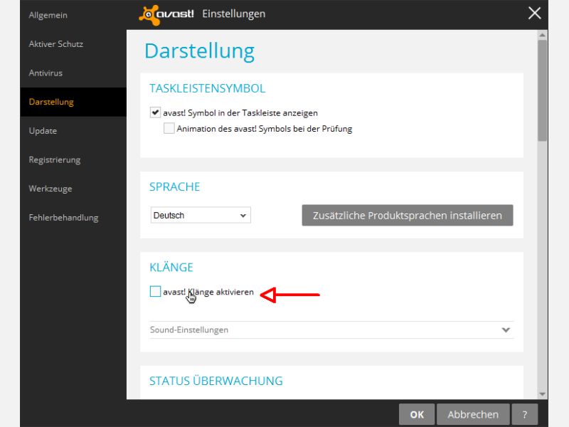 Sprach-Ausgabe von Avast Anti-Virus abschalten