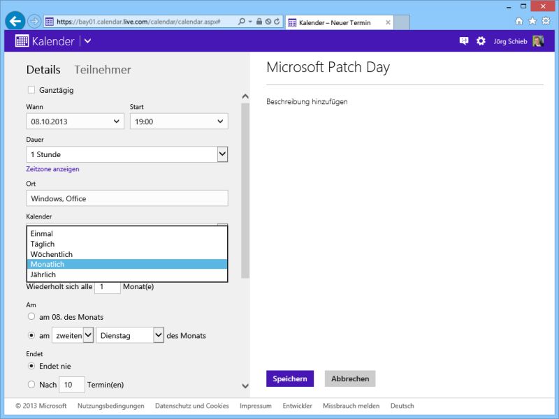 Outlook.com: Termin-Serie mit Wiederholung anlegen