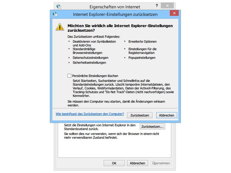 Alle Internet-Explorer-Einstellungen zurücksetzen