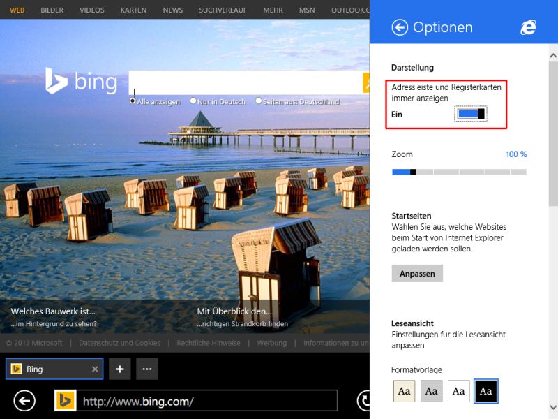 Internet Explorer 11: Tabs und Adress-Leiste immer anzeigen