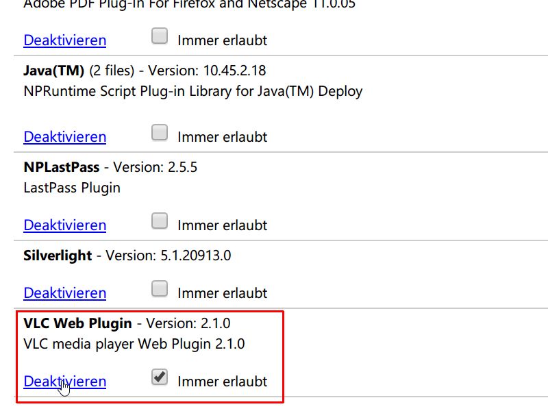 Chrome-Plug-In von VLC de-aktivieren