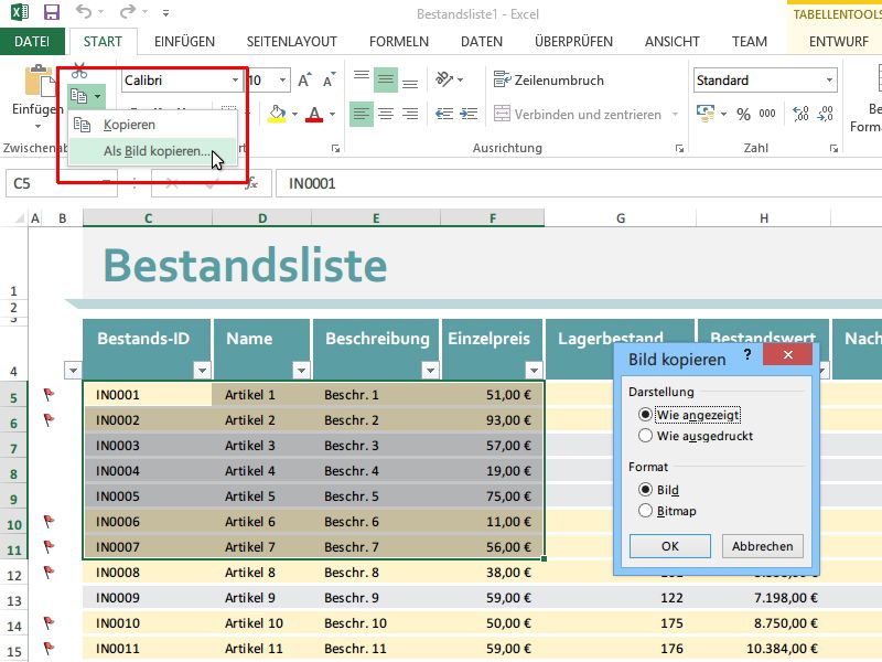 Excel: Tabellen als Bild in die Zwischen-Ablage kopieren