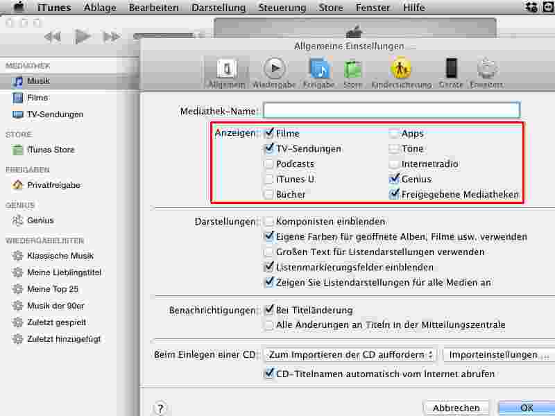 Was soll in der Seiten-Leiste von iTunes sichtbar sein?