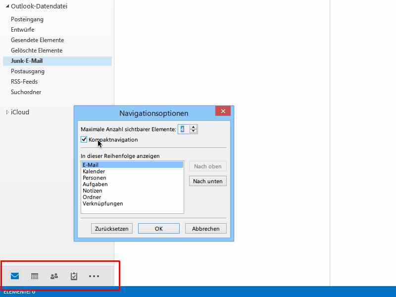 Menü-Navigations-Knöpfe von Outlook 2013 verkleinern