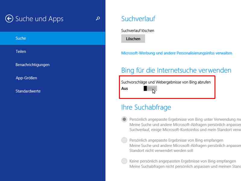 Bing-Suche von Windows 8.1 abschalten