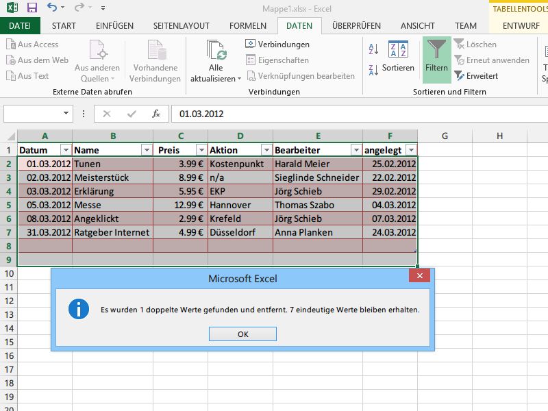 Doppelte Tabellen-Zeilen in Excel 2007/2010/2013 leichter entfernen
